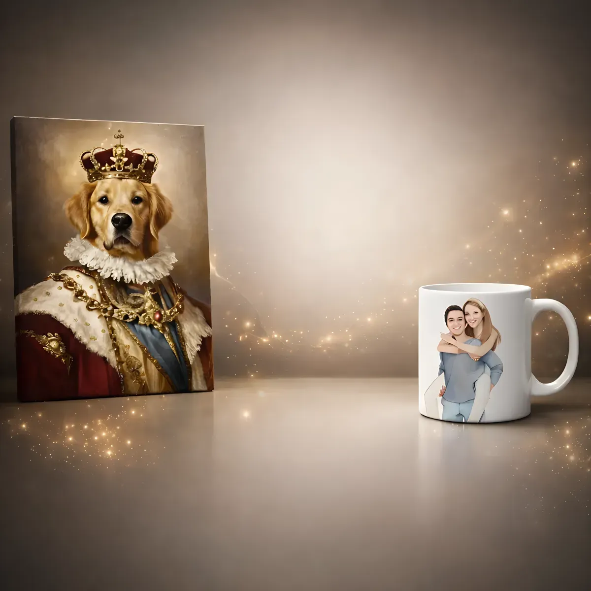 Hero background with AI portraits and custom products